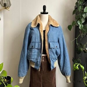 Vintage 70s Levis Denim Bomber Jacket Faux Fur Lined Blue L